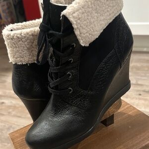 Franco Sarto Black Wedge Ankle Boots with Cream Faux Shearling Cuff